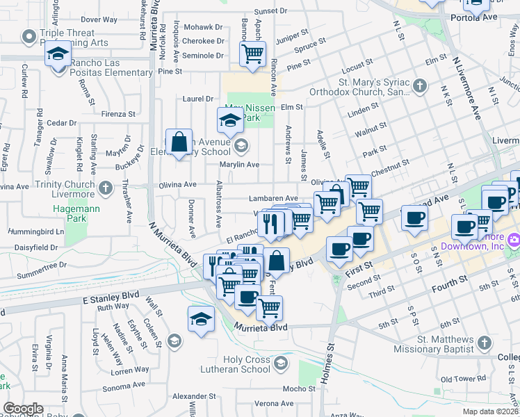 map of restaurants, bars, coffee shops, grocery stores, and more near 974 Ventura Avenue in Livermore