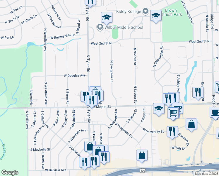 map of restaurants, bars, coffee shops, grocery stores, and more near 155 South Evergreen Lane in Wichita