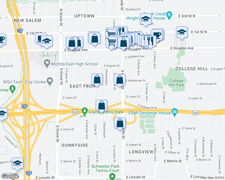 map of restaurants, bars, coffee shops, grocery stores, and more near 335 South Lorraine Street in Wichita