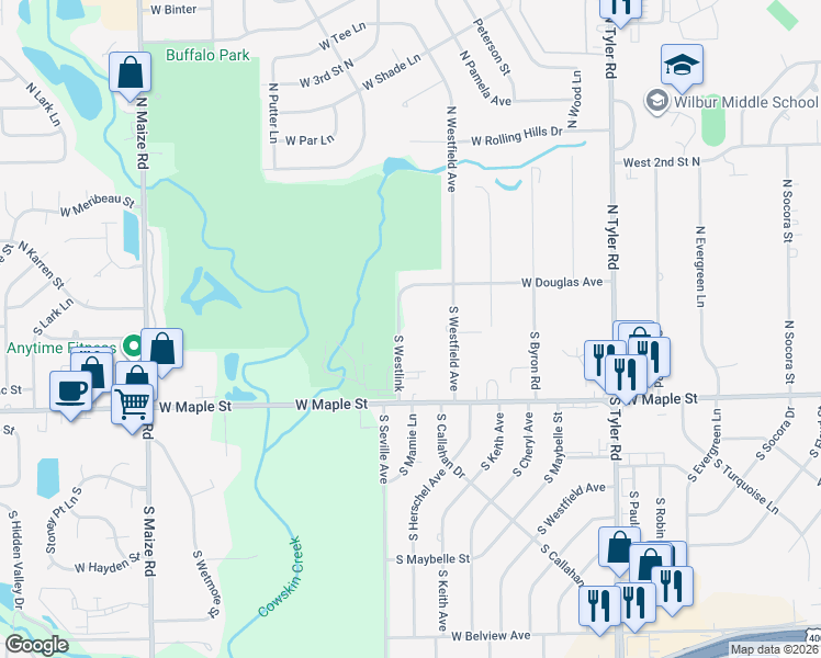 map of restaurants, bars, coffee shops, grocery stores, and more near 200 South Westlink in Wichita