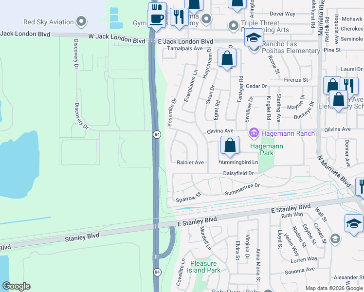 map of restaurants, bars, coffee shops, grocery stores, and more near 168 Glacier Drive in Livermore