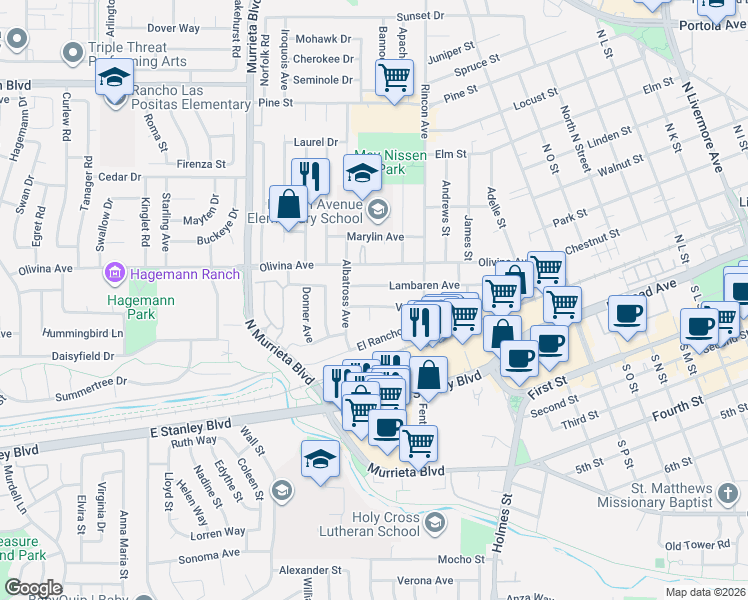 map of restaurants, bars, coffee shops, grocery stores, and more near 942 Ventura Avenue in Livermore