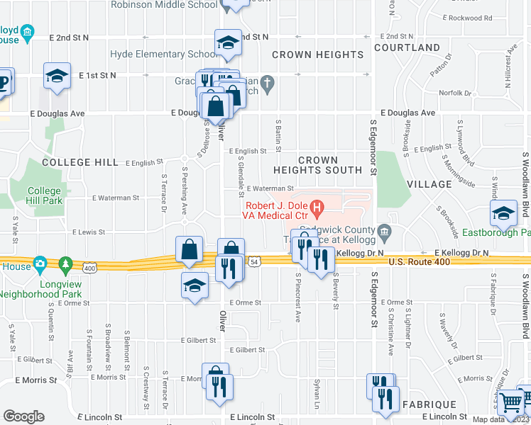 map of restaurants, bars, coffee shops, grocery stores, and more near 406 Elpyco Street in Wichita