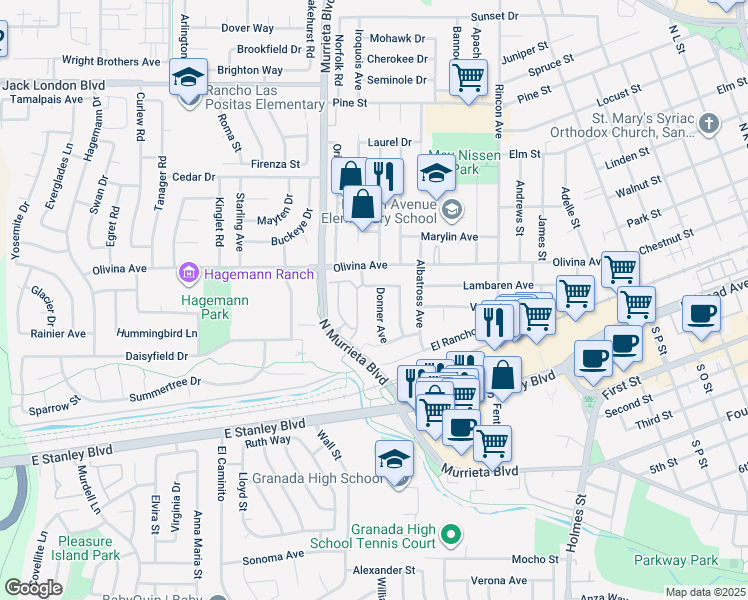 map of restaurants, bars, coffee shops, grocery stores, and more near 272 Donner Avenue in Livermore