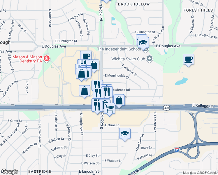 map of restaurants, bars, coffee shops, grocery stores, and more near 8014 Willowbrook Street in Wichita