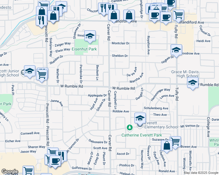 map of restaurants, bars, coffee shops, grocery stores, and more near 1701 West Rumble Road in Modesto