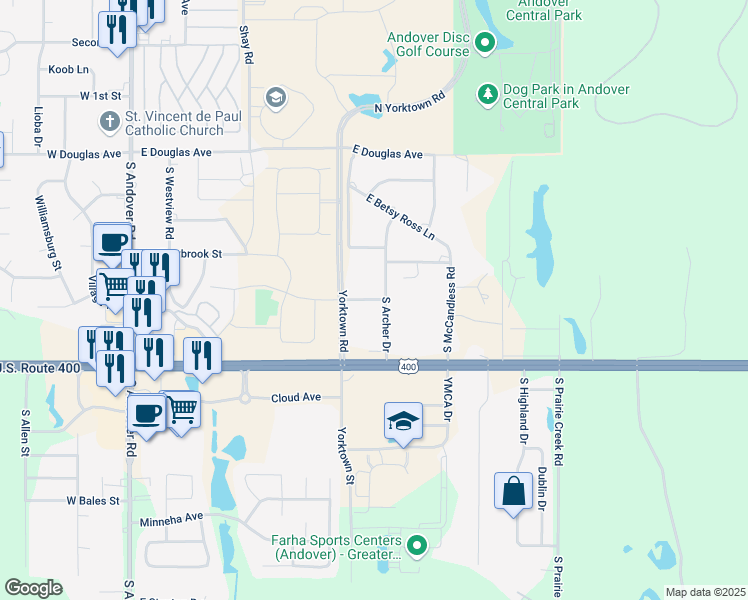 map of restaurants, bars, coffee shops, grocery stores, and more near 341 South Archer Drive in Andover