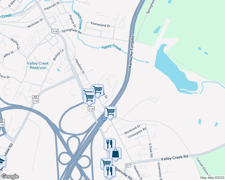 map of restaurants, bars, coffee shops, grocery stores, and more near Gateway Drive in Elizabethtown