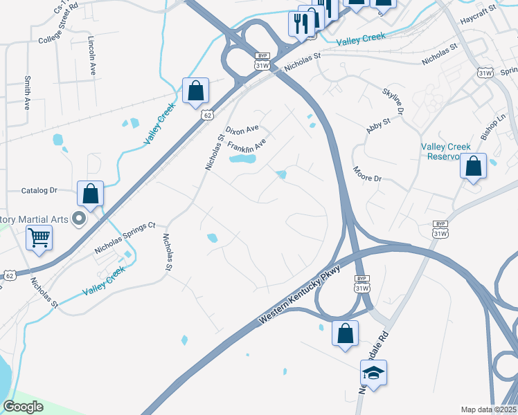 map of restaurants, bars, coffee shops, grocery stores, and more near 250 Riley Way in Elizabethtown