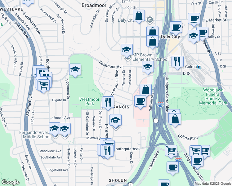 map of restaurants, bars, coffee shops, grocery stores, and more near 292 Alta Loma Avenue in Daly City