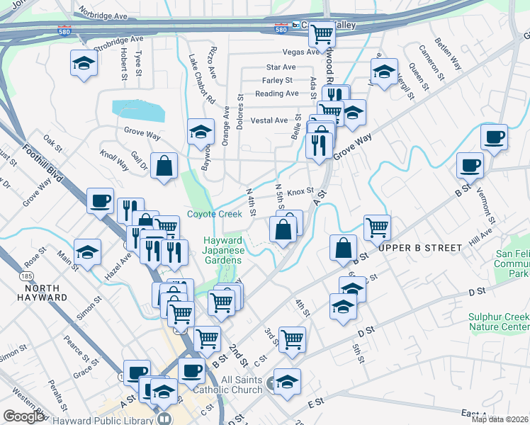 map of restaurants, bars, coffee shops, grocery stores, and more near 1580 Crescent Avenue in Castro Valley