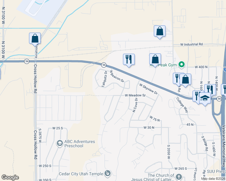map of restaurants, bars, coffee shops, grocery stores, and more near 291 Pachea Circle in Cedar City
