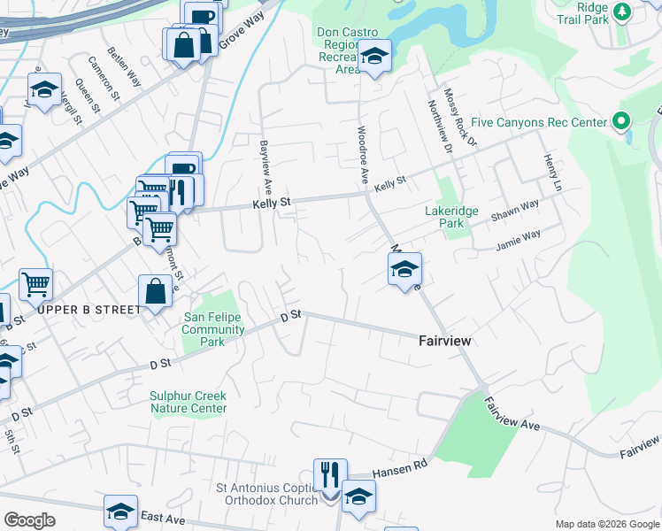 map of restaurants, bars, coffee shops, grocery stores, and more near 23139 Palazzo Del Kayla in Hayward