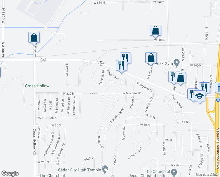 map of restaurants, bars, coffee shops, grocery stores, and more near 291 Pachea Circle in Cedar City