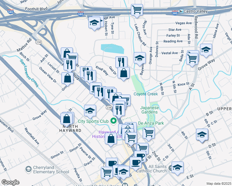 map of restaurants, bars, coffee shops, grocery stores, and more near 22012 Sevilla Road in Hayward