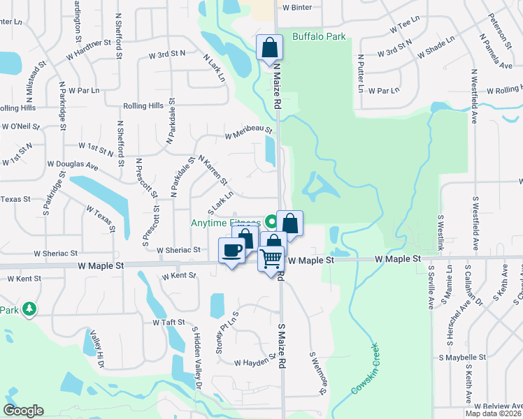 map of restaurants, bars, coffee shops, grocery stores, and more near 10514 West Texas Street in Wichita
