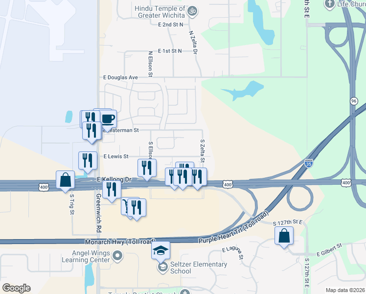 map of restaurants, bars, coffee shops, grocery stores, and more near 11816 East Lewis Street in Wichita