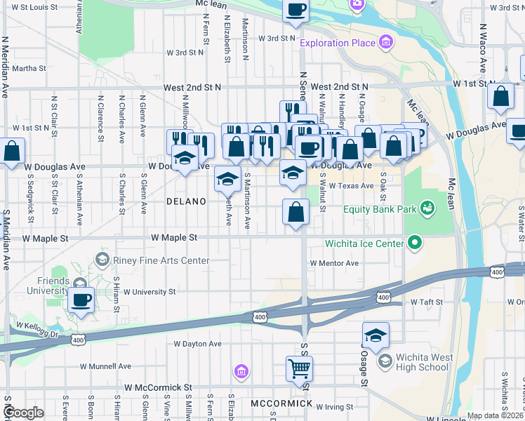 map of restaurants, bars, coffee shops, grocery stores, and more near 312 S Martinson St in Wichita