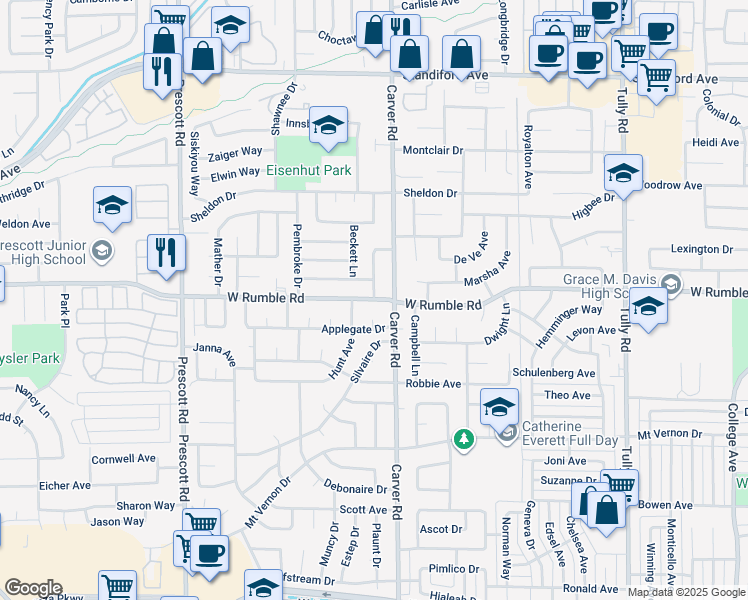 map of restaurants, bars, coffee shops, grocery stores, and more near 1710 West Rumble Road in Modesto