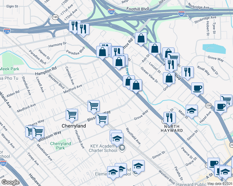map of restaurants, bars, coffee shops, grocery stores, and more near 859 Cherry Way in Hayward