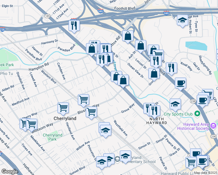 map of restaurants, bars, coffee shops, grocery stores, and more near 21145 Montgomery Avenue in Hayward