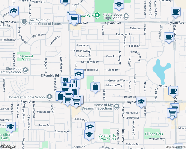 map of restaurants, bars, coffee shops, grocery stores, and more near 1419 East Rumble Road in Modesto