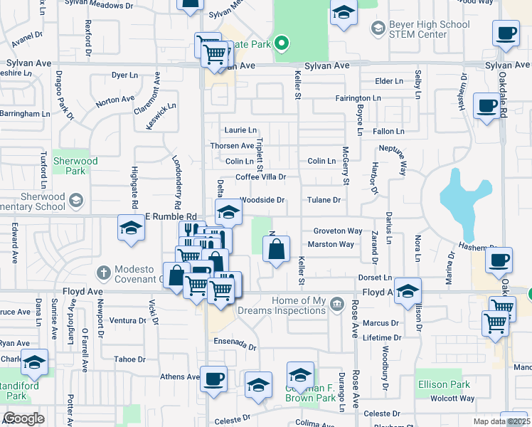 map of restaurants, bars, coffee shops, grocery stores, and more near 1419 East Rumble Road in Modesto