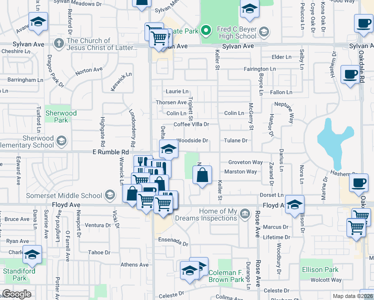 map of restaurants, bars, coffee shops, grocery stores, and more near 1300 East Rumble Road in Modesto
