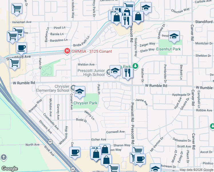 map of restaurants, bars, coffee shops, grocery stores, and more near Aquila Drive in Modesto