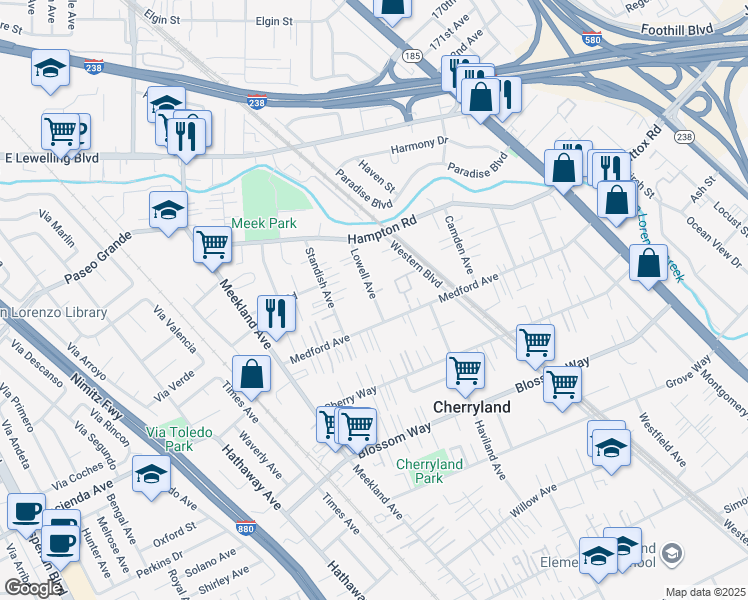 map of restaurants, bars, coffee shops, grocery stores, and more near 19237 Lowell Avenue in Hayward
