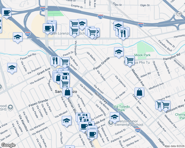 map of restaurants, bars, coffee shops, grocery stores, and more near 16023 Via Granada in San Lorenzo