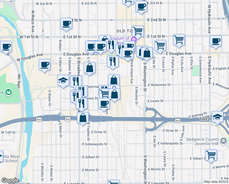 map of restaurants, bars, coffee shops, grocery stores, and more near 424 South Commerce Street in Wichita