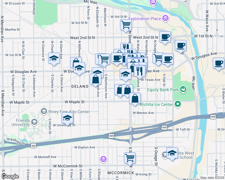 map of restaurants, bars, coffee shops, grocery stores, and more near 312 S Martinson St in Wichita