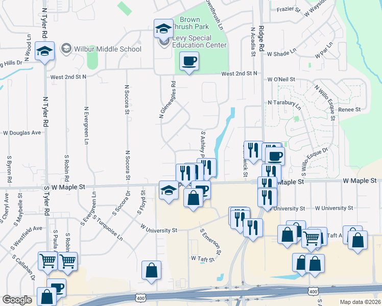 map of restaurants, bars, coffee shops, grocery stores, and more near 7721 Harmony Street in Wichita