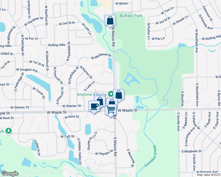 map of restaurants, bars, coffee shops, grocery stores, and more near 165 South Maize Road in Wichita