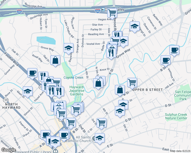 map of restaurants, bars, coffee shops, grocery stores, and more near 1672 Crescent Avenue in Castro Valley