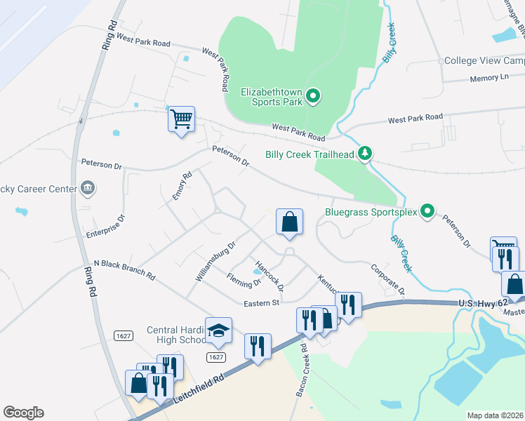 map of restaurants, bars, coffee shops, grocery stores, and more near 1100 Murray Road in Elizabethtown