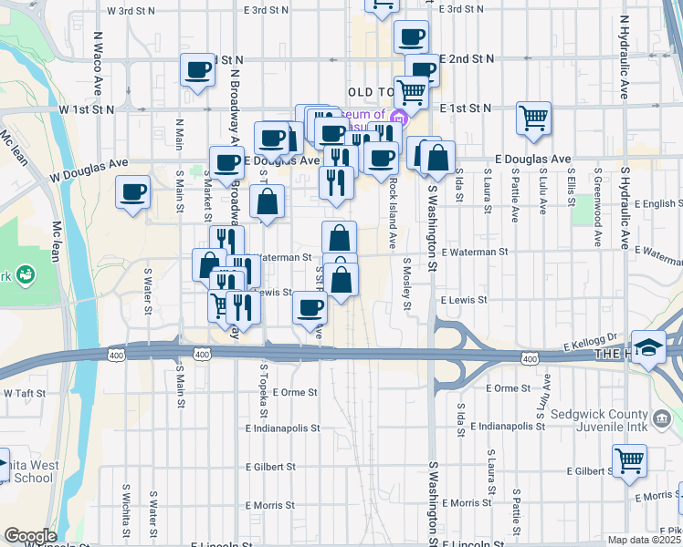map of restaurants, bars, coffee shops, grocery stores, and more near 416 South Commerce in Wichita