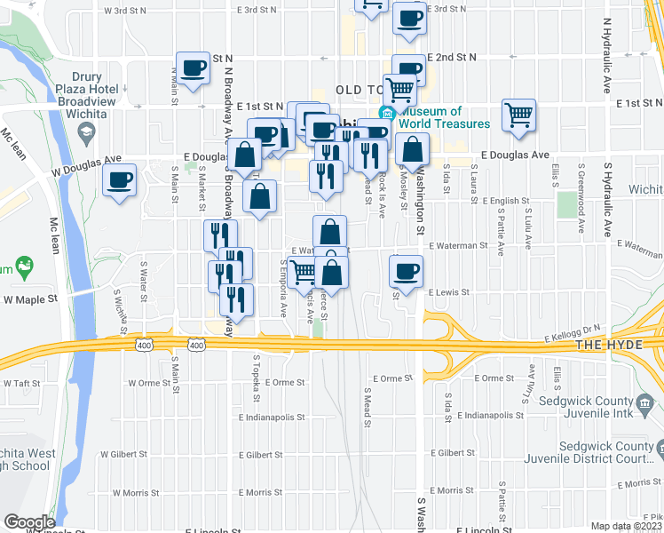 map of restaurants, bars, coffee shops, grocery stores, and more near 416 South Commerce in Wichita