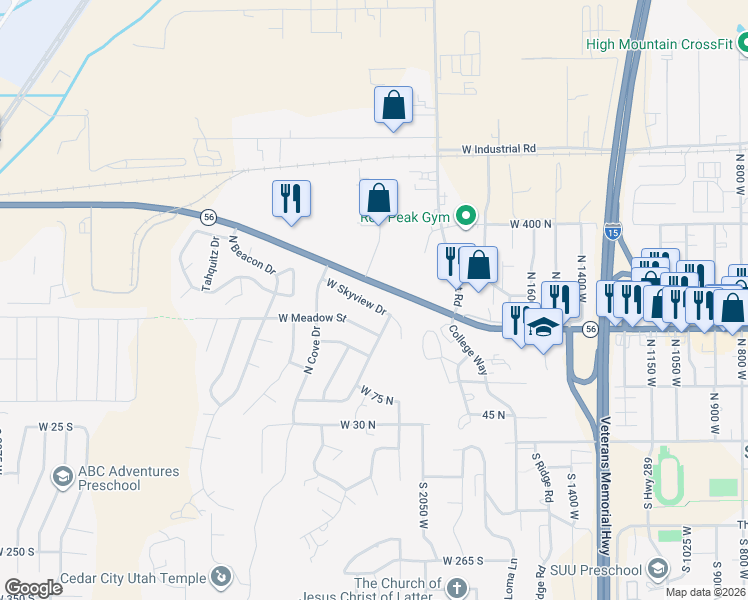 map of restaurants, bars, coffee shops, grocery stores, and more near 2171 West Skyview Drive in Cedar City
