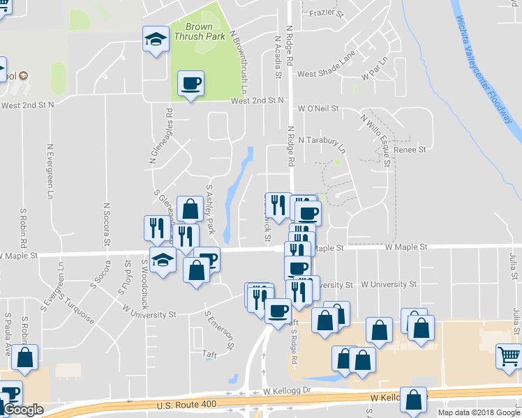 map of restaurants, bars, coffee shops, grocery stores, and more near 151 Brunswick Street in Wichita