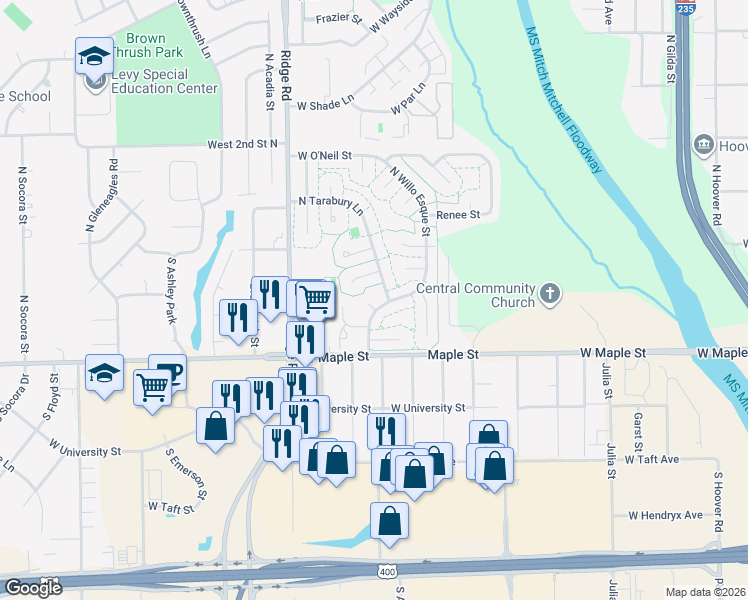 map of restaurants, bars, coffee shops, grocery stores, and more near 240 South Willo Esque Street in Wichita