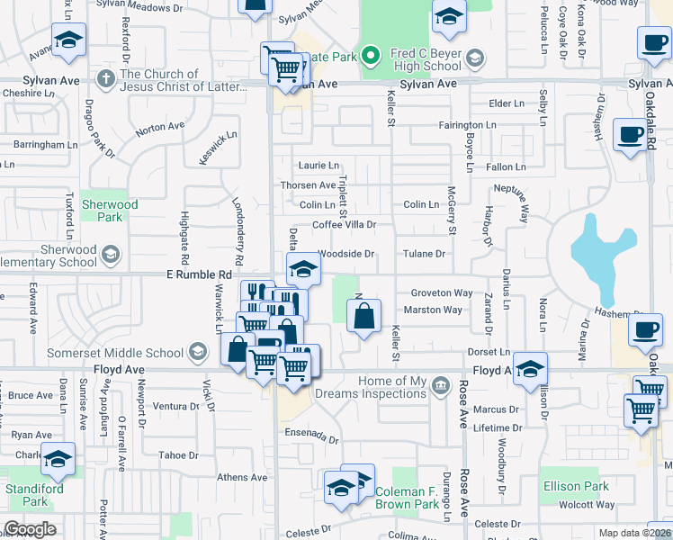 map of restaurants, bars, coffee shops, grocery stores, and more near 1300 East Rumble Road in Modesto