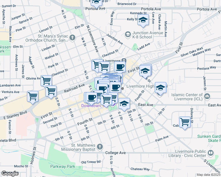 map of restaurants, bars, coffee shops, grocery stores, and more near 2220 First Street in Livermore