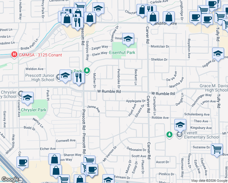 map of restaurants, bars, coffee shops, grocery stores, and more near 2006 West Rumble Road in Modesto