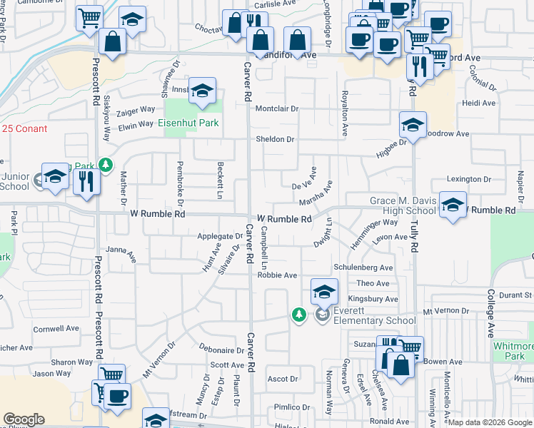 map of restaurants, bars, coffee shops, grocery stores, and more near in Modesto