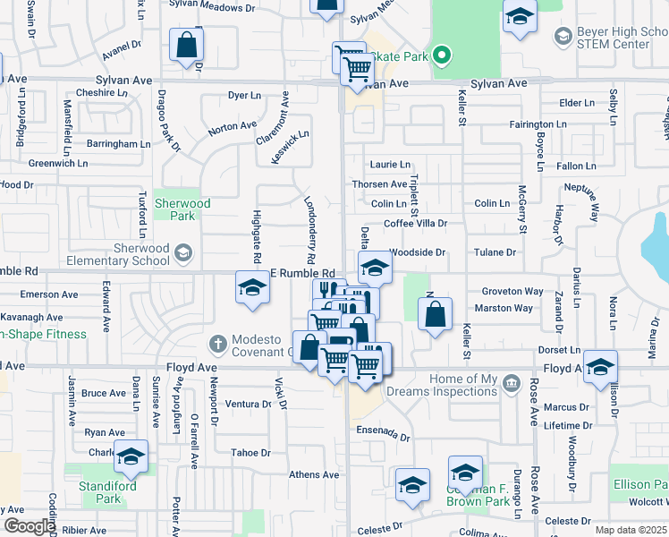 map of restaurants, bars, coffee shops, grocery stores, and more near 2909 Coffee Road in Modesto