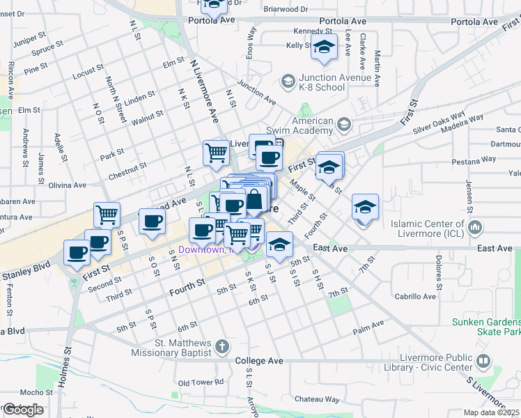 map of restaurants, bars, coffee shops, grocery stores, and more near 2788 South Livermore Avenue in Livermore