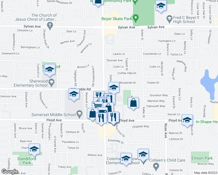 map of restaurants, bars, coffee shops, grocery stores, and more near 1307 East Rumble Road in Modesto