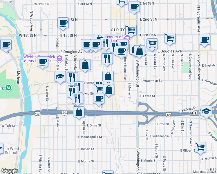 map of restaurants, bars, coffee shops, grocery stores, and more near 414 South Commerce in Wichita